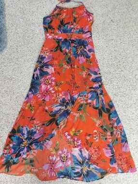 Bisou Bisou Hi Low Halter Tie Maxi Dress Orange Blue Floral Size 14